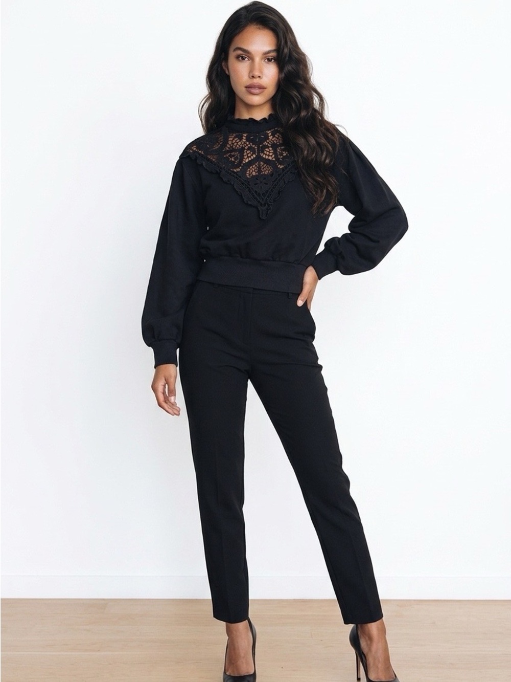 Vintage 90s Y2K Express Lace Mock Neck Sweatshirt Small Black